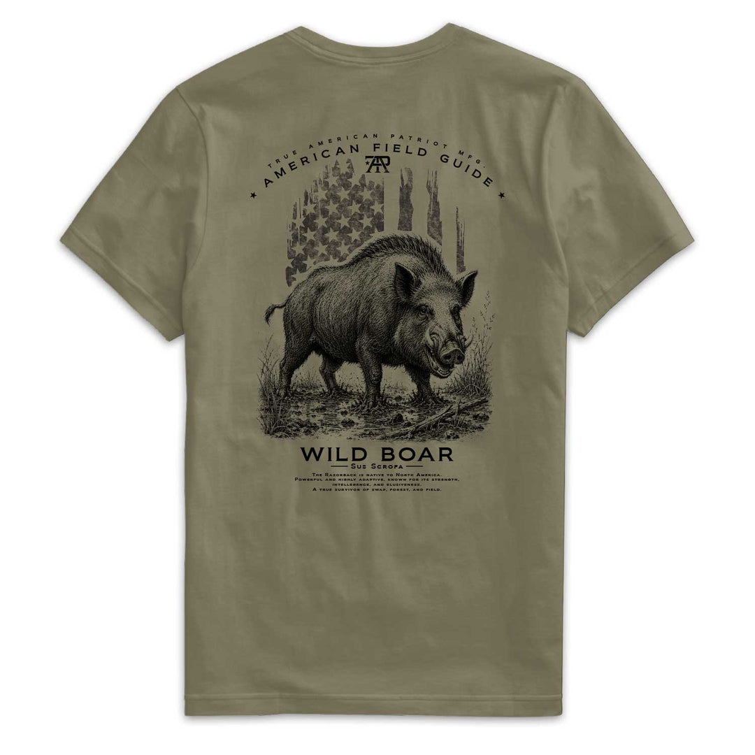 American Field Guide Wild Boar Tee back graphic on Military Green Next Level 6210 T-shirt.