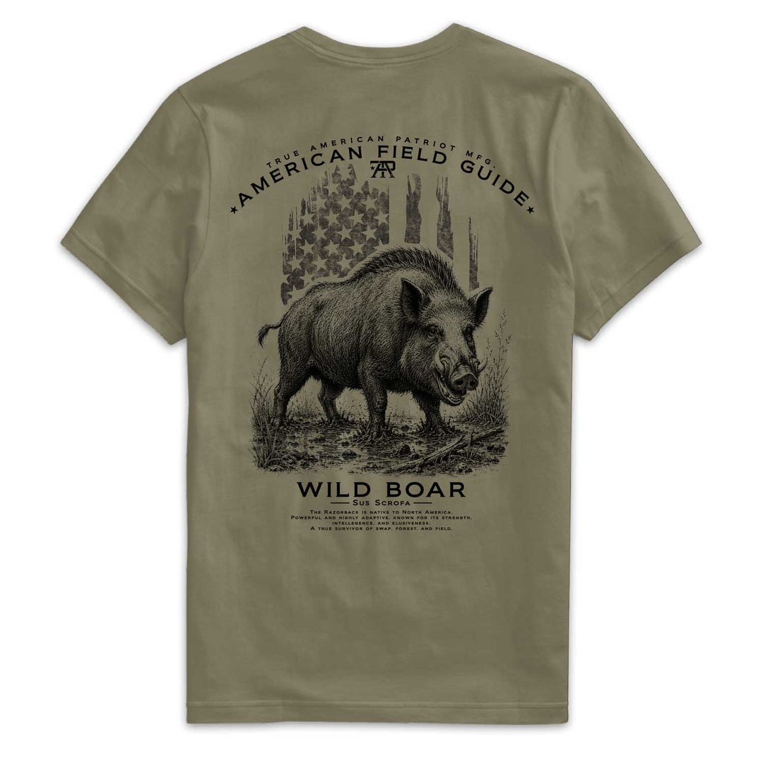 Back of American Field Guide Wild Boar Tee in Military Green with wild boar and vintage American flag artwork