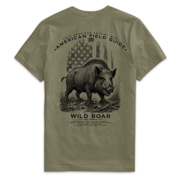 Back of American Field Guide Wild Boar Tee in Military Green with wild boar and vintage American flag artwork