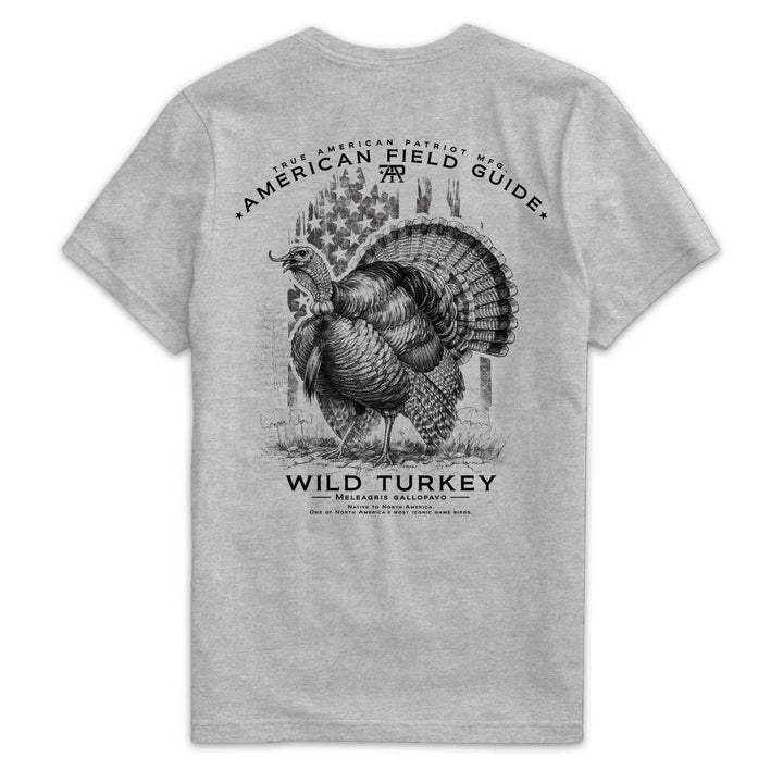 Back of American Field Guide Wild Turkey Tee in Dark Heather Gray with wild turkey and vintage American flag artwork