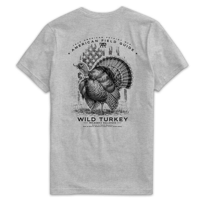 American Field Guide Wild Turkey Tee back graphic on Dark Heather Gray Next Level 6210 T-shirt.