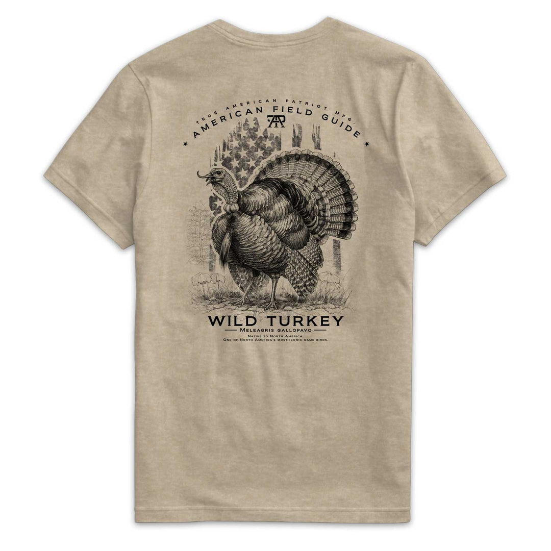 American Field Guide Wild Turkey Tee back graphic on Heather Tan Next Level 6210 T-shirt.