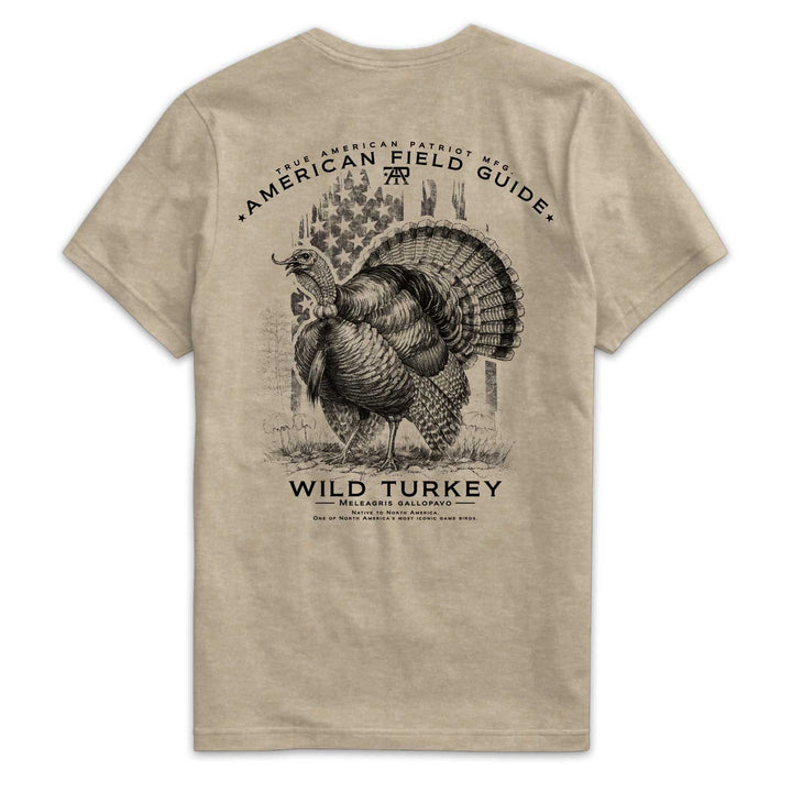 Back of American Field Guide Wild Turkey Tee in Heather Tan with wild turkey and vintage American flag artwork