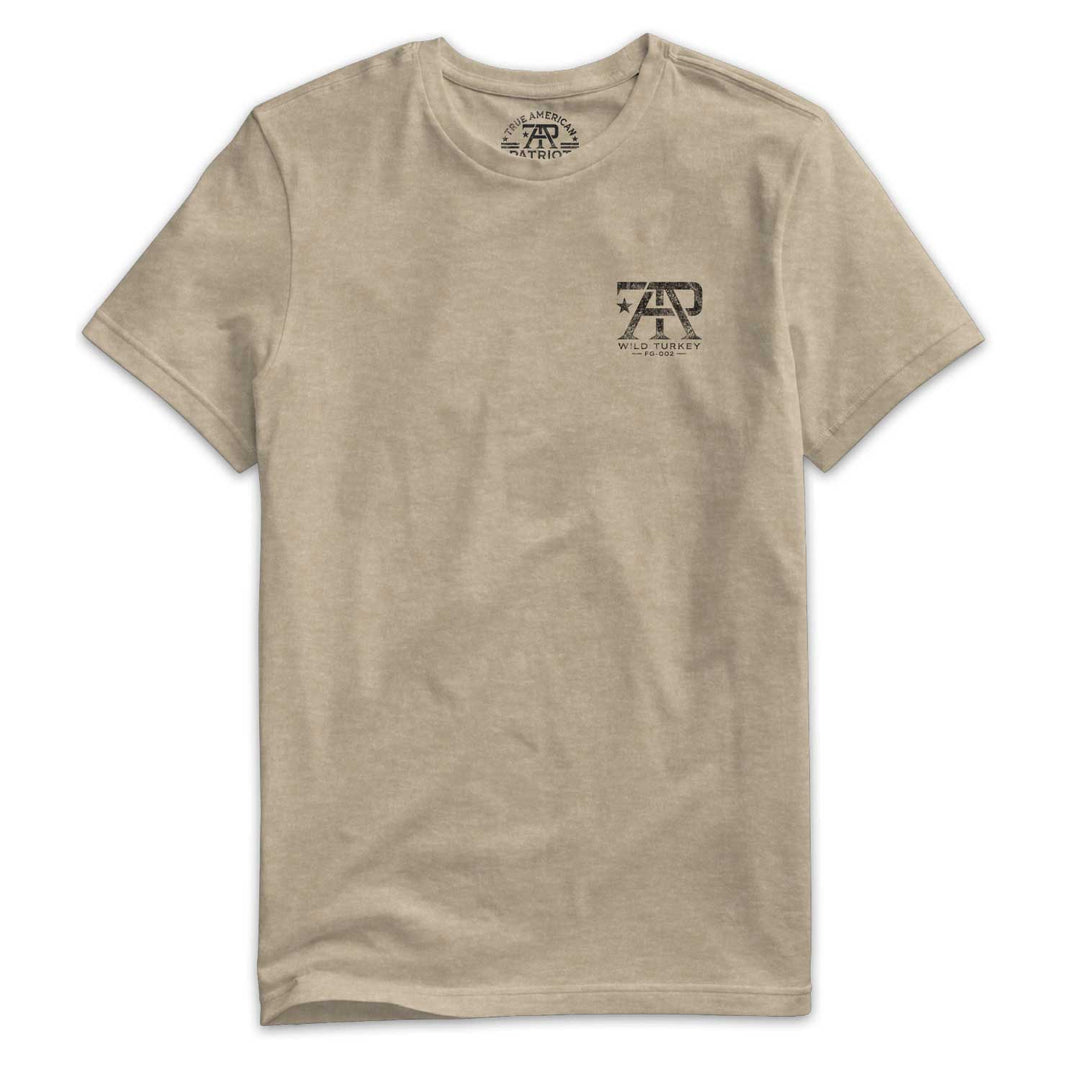 American Field Guide Wild Turkey Tee front left chest logo on Heather Tan Next Level 6210 T-shirt.