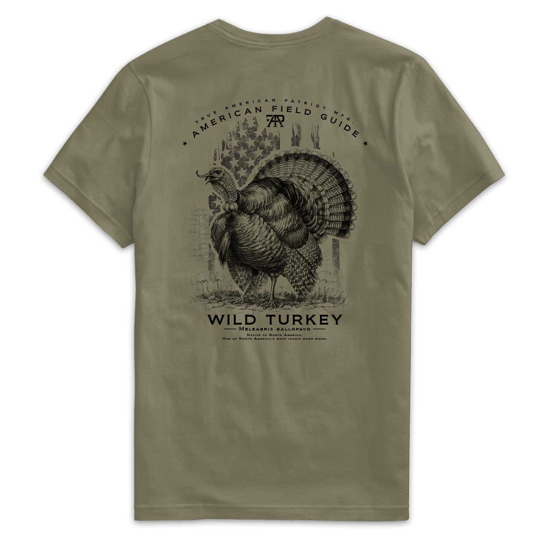 American Field Guide Wild Turkey Tee back graphic on Military Green Next Level 6210 T-shirt.
