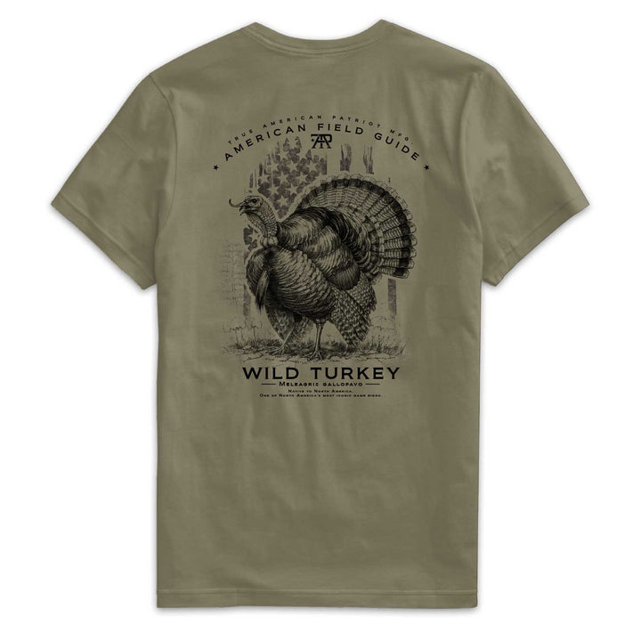American Field Guide Wild Turkey Tee back graphic on Military Green Next Level 6210 T-shirt.