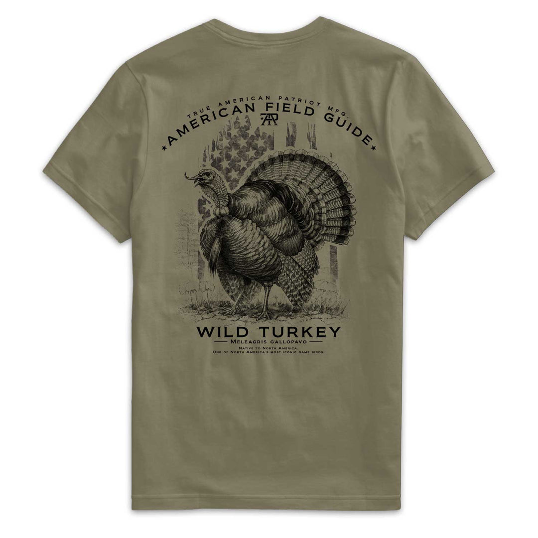 Back of American Field Guide Wild Turkey Tee in Military Green with wild turkey and vintage American flag artwork
