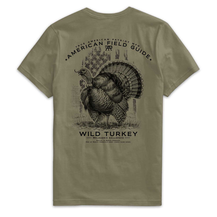 Back of American Field Guide Wild Turkey Tee in Military Green with wild turkey and vintage American flag artwork