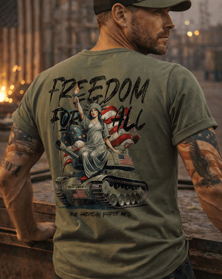 Man in workshop wearing a True American Patriot Mfg Freedom for All Tee