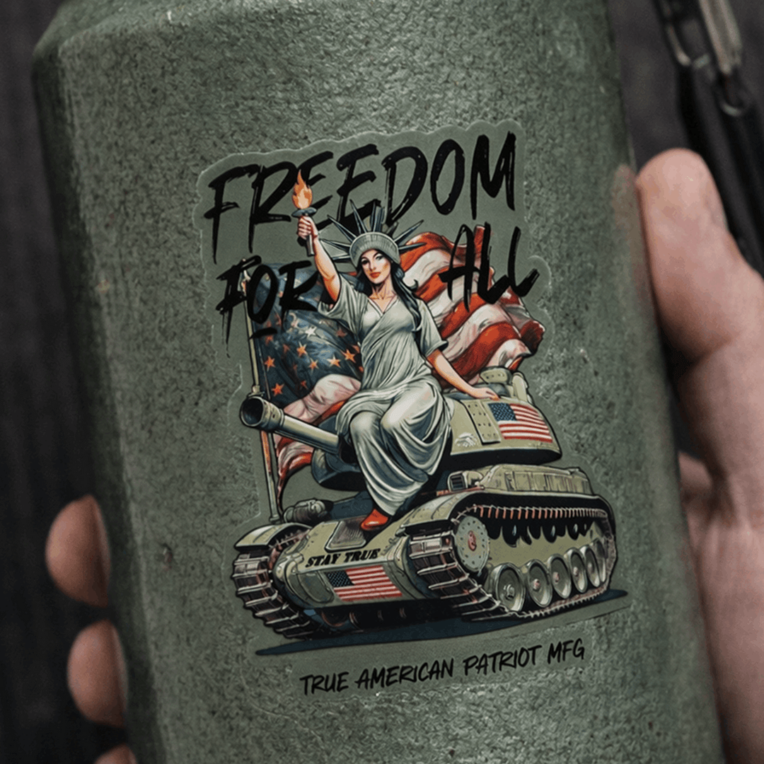 True American Patriot Mfg Freedom For All Lady Liberty Decal on Green Thermos