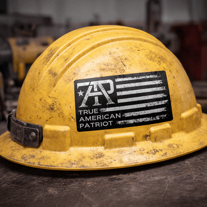 True American Patriot Distressed Flag Logo Decal on worn hard hat