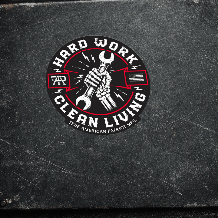 True American Patriot Mfg Hard Work / Clean Living Decal on vintage black cooler lid