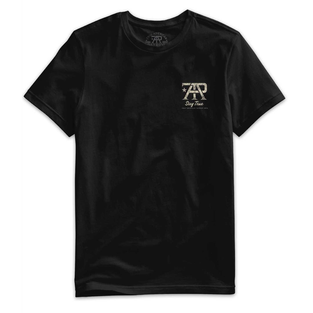 Front of a Heritage Collection Tee by True American Patriot MFG featuring the TAP Stay True left chest logo on a premium black t-shirt.