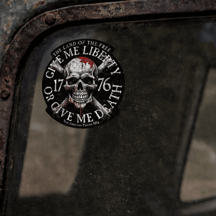 True American Patriot Mfg  Liberty or Death 1776 Decal on old truck window