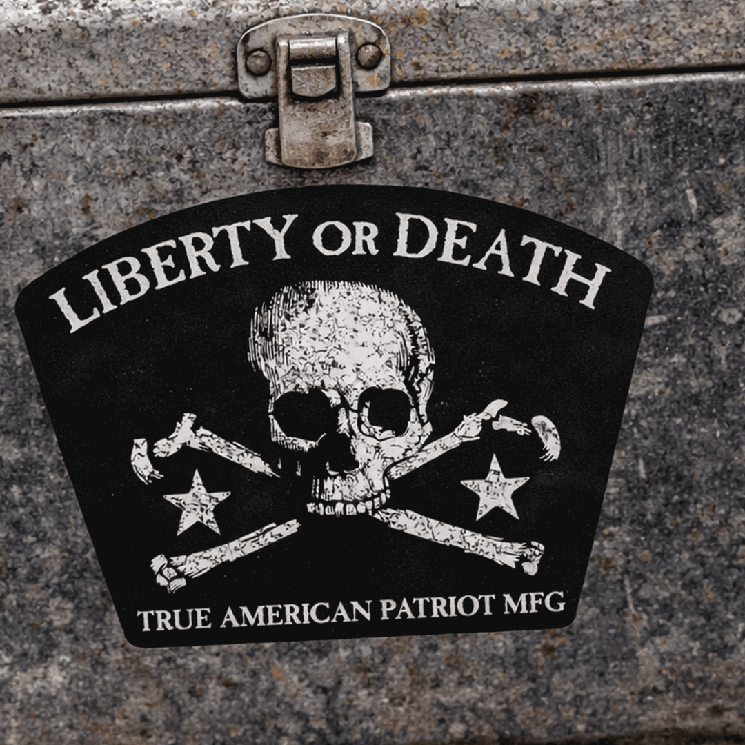 True American Patriot Mfg  Liberty or Death Jolly Roger Decal on old toolbox