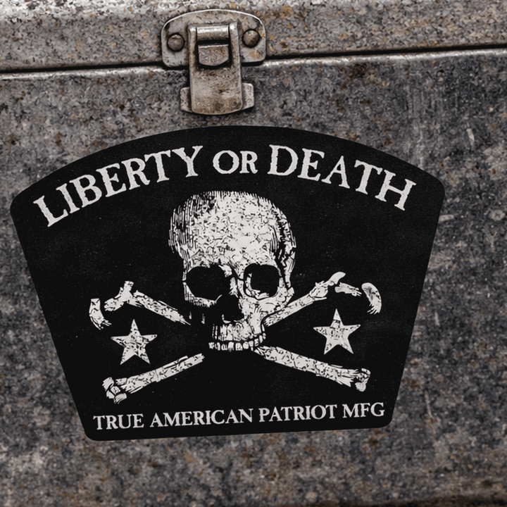 True American Patriot Mfg  Liberty or Death Jolly Roger Decal on old toolbox