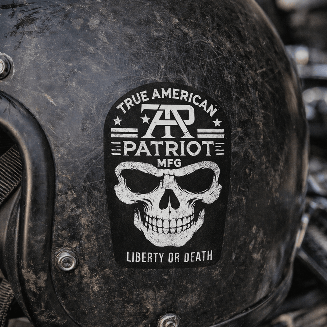 True American Patriot Liberty or Death Skull Decal on old motorcycle helmet