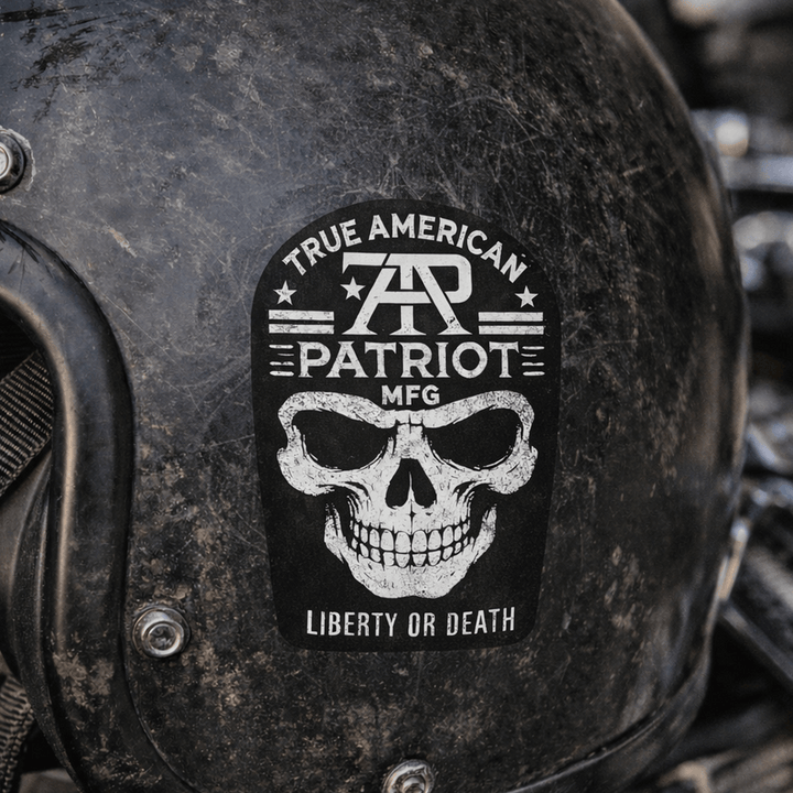 True American Patriot Liberty or Death Skull Decal on old motorcycle helmet