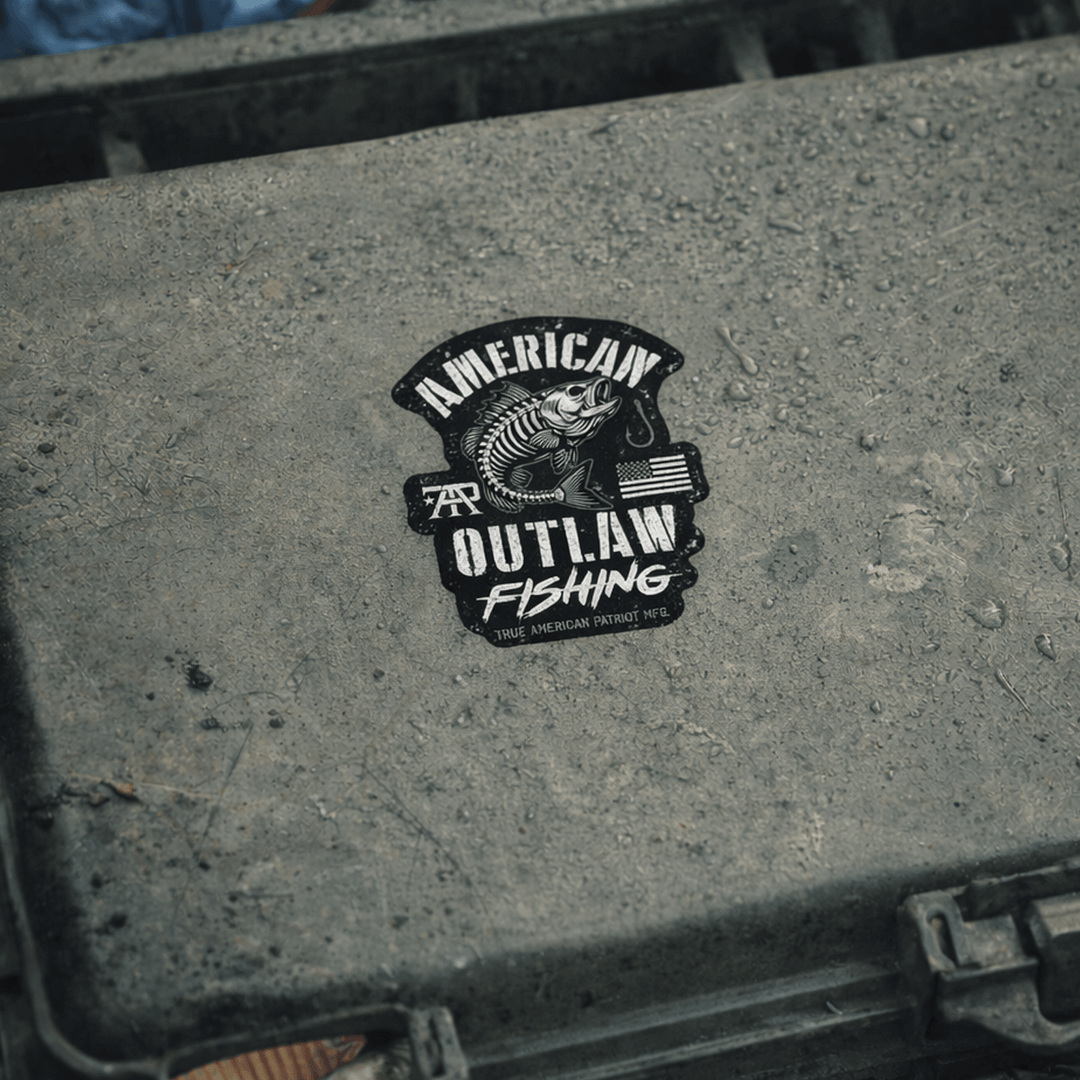 True American Patriot Outlaw Fishing Decal on Tackle Box Lid