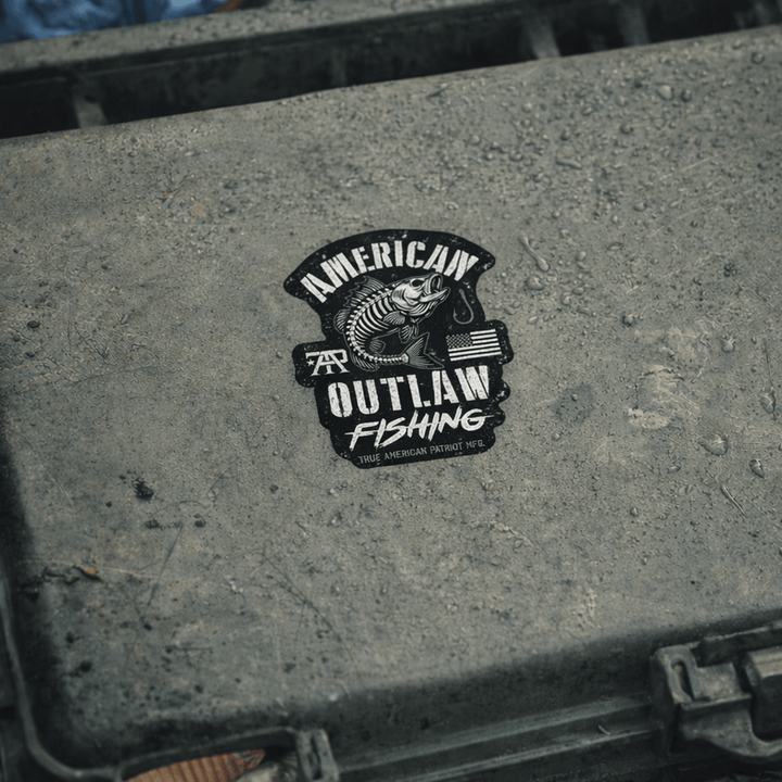 True American Patriot Outlaw Fishing Decal on Tackle Box Lid