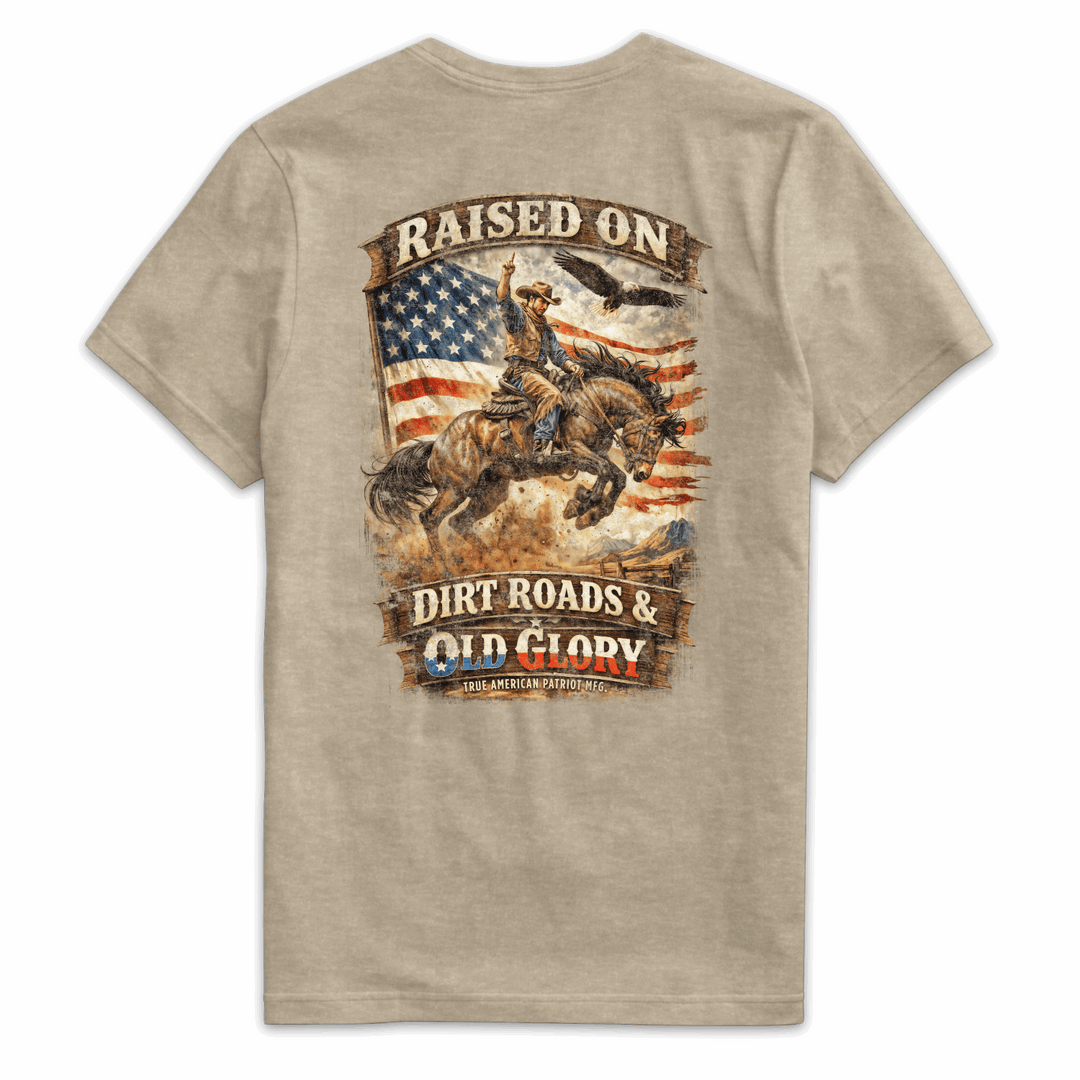 True American Patriot Mfg Raised on Dirt Roads & Old Glory Tee Heather Tan Back