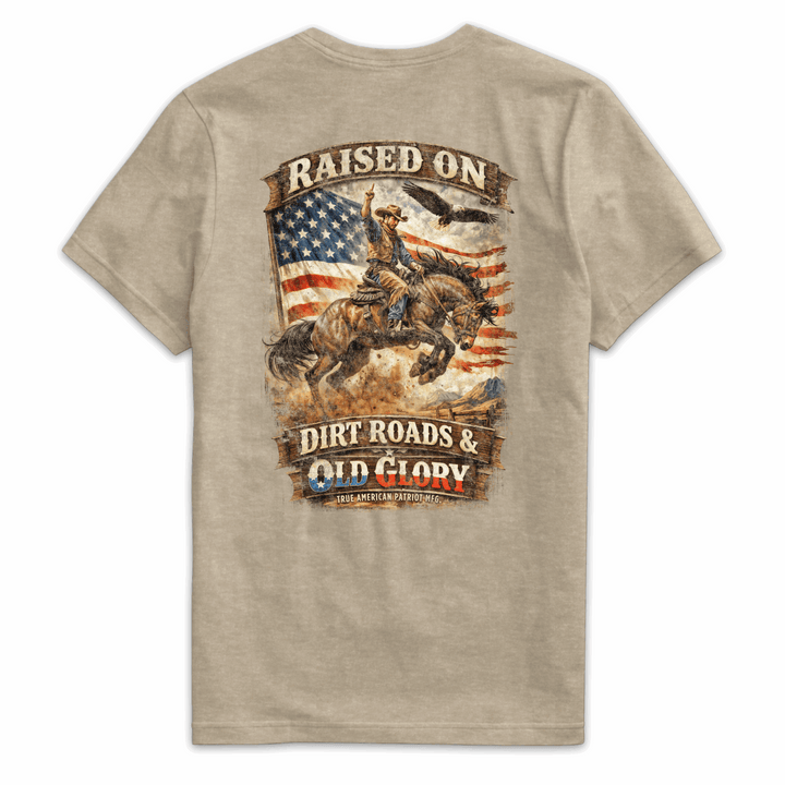 True American Patriot Mfg Raised on Dirt Roads &amp; Old Glory Tee Heather Tan Back