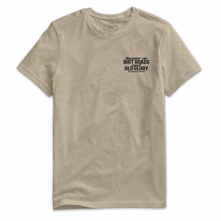 True American Patriot Mfg Raised on Dirt Roads &amp; Old Glory Tee Heather Tan Left Chest