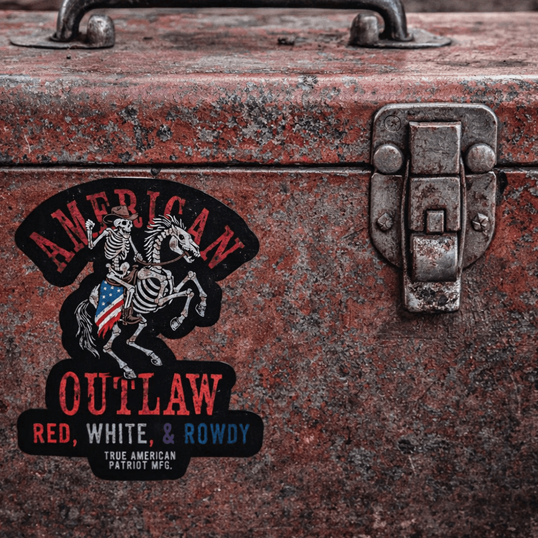 True American Patriot Red, White, & Rowdy Decal on old toolbox