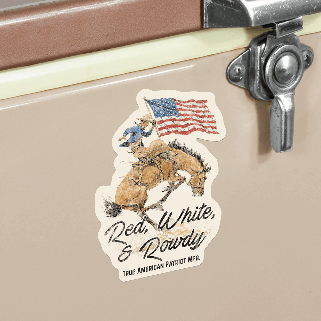 True American Patriot Mfg Red, White, & Rowdy Rider Decal on vintage cooler