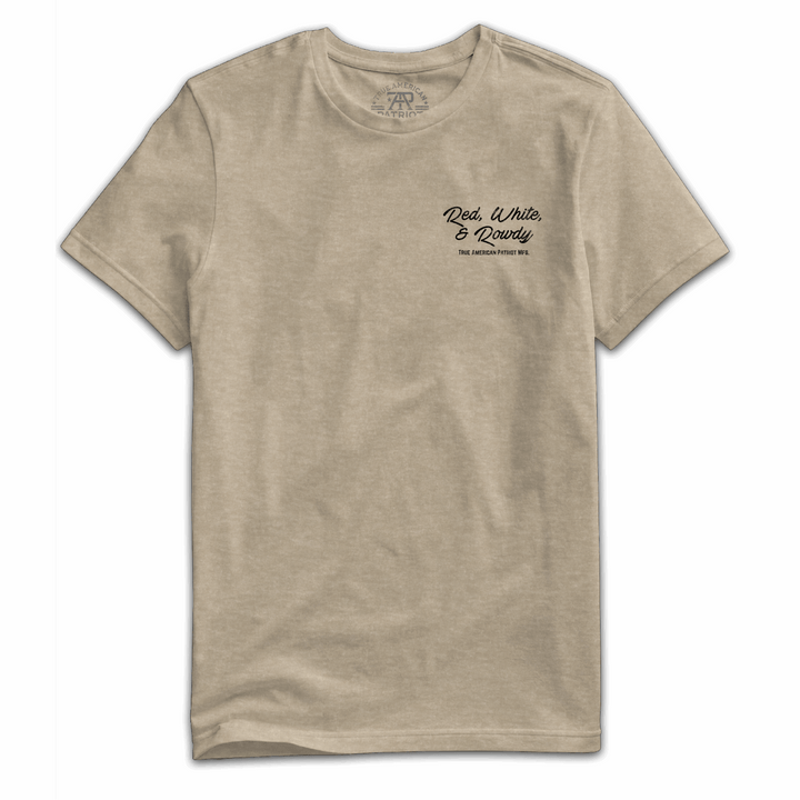 True American Patriot Mfg Red, White &amp; Rowdy Rider Tee Heather Tan Left Chest