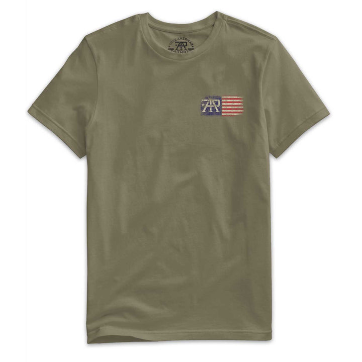 Front of Stay True Flag Tee in Military Green featuring distressed TAP American flag left chest logo by True American Patriot MFG.