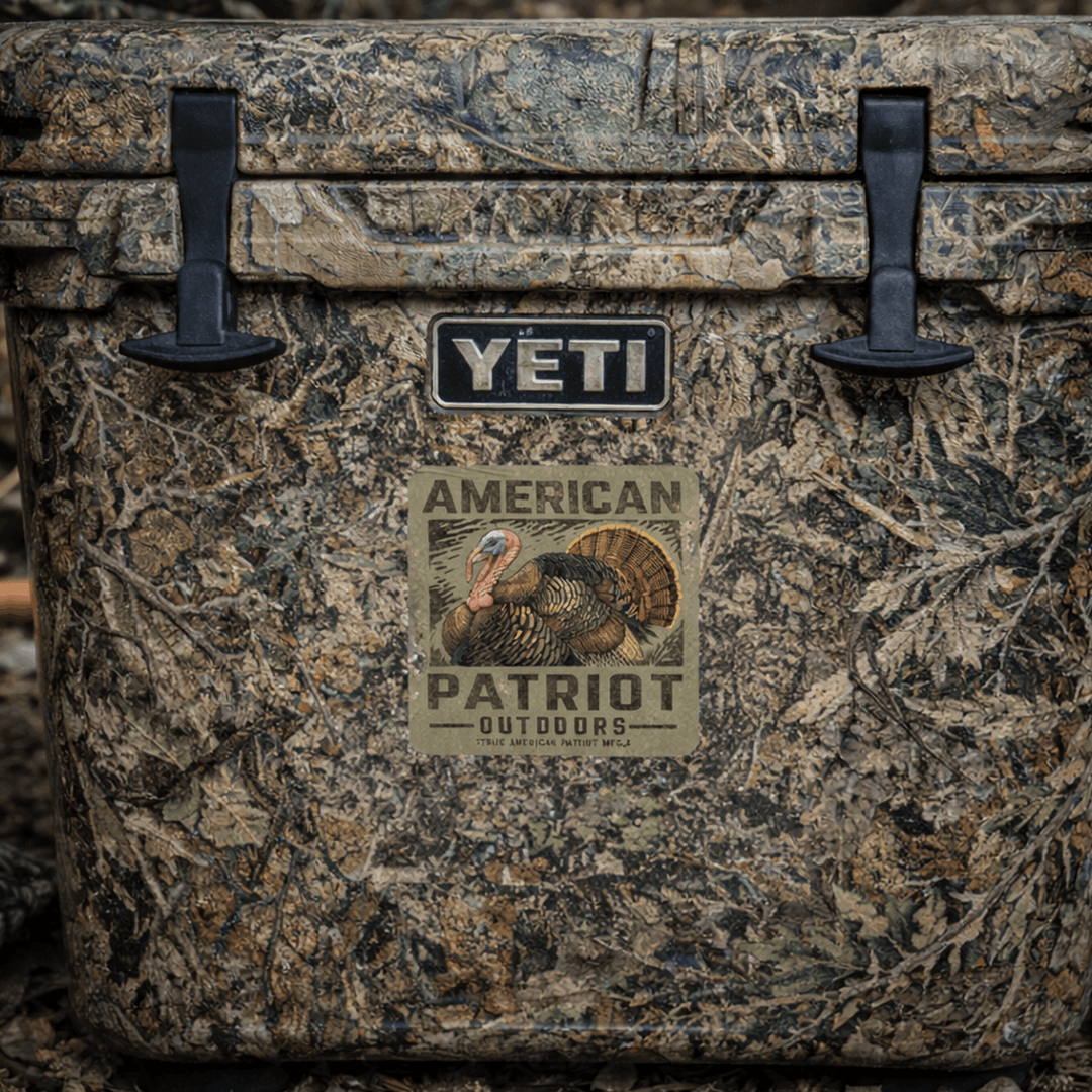 True American Patriot Mfg Outdoors Wild Turkey Decal on Camo Cooler