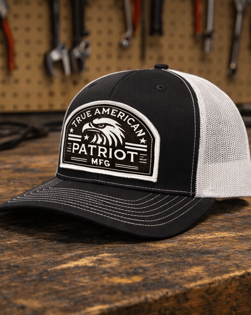 True American Patriot Eagle Head Patch Hat on work bench