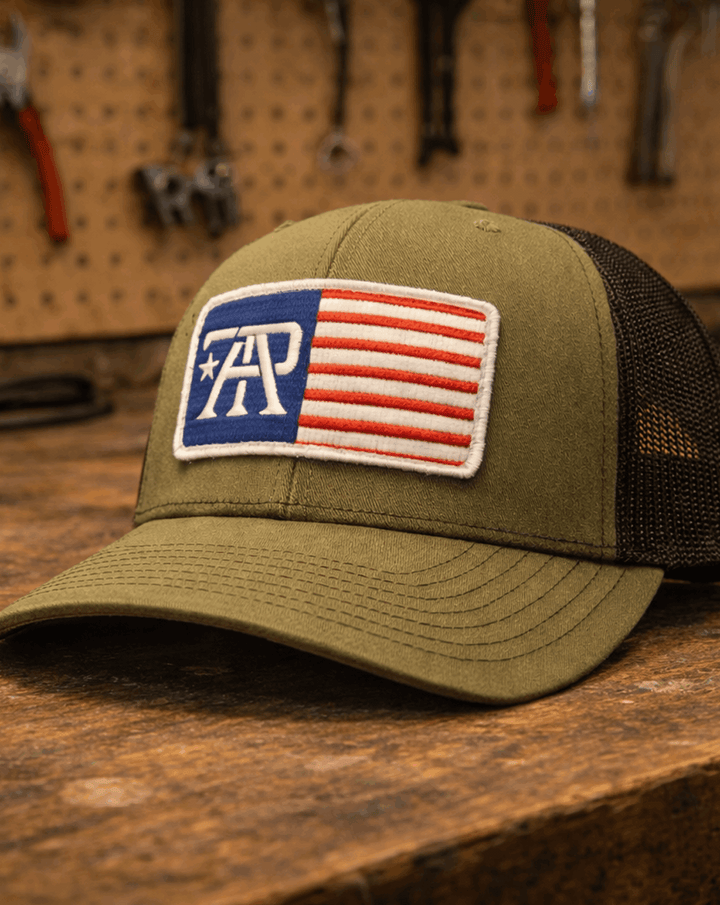 True American Patriot Mfg TAP Flag Patch Hat Richardson 112 Loden-Black on Workbench