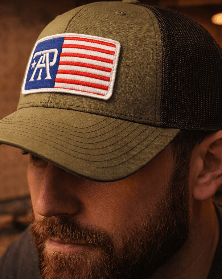 Close up True American Patriot TAP Flag Patch Hat Richardson 112 Loden-Black