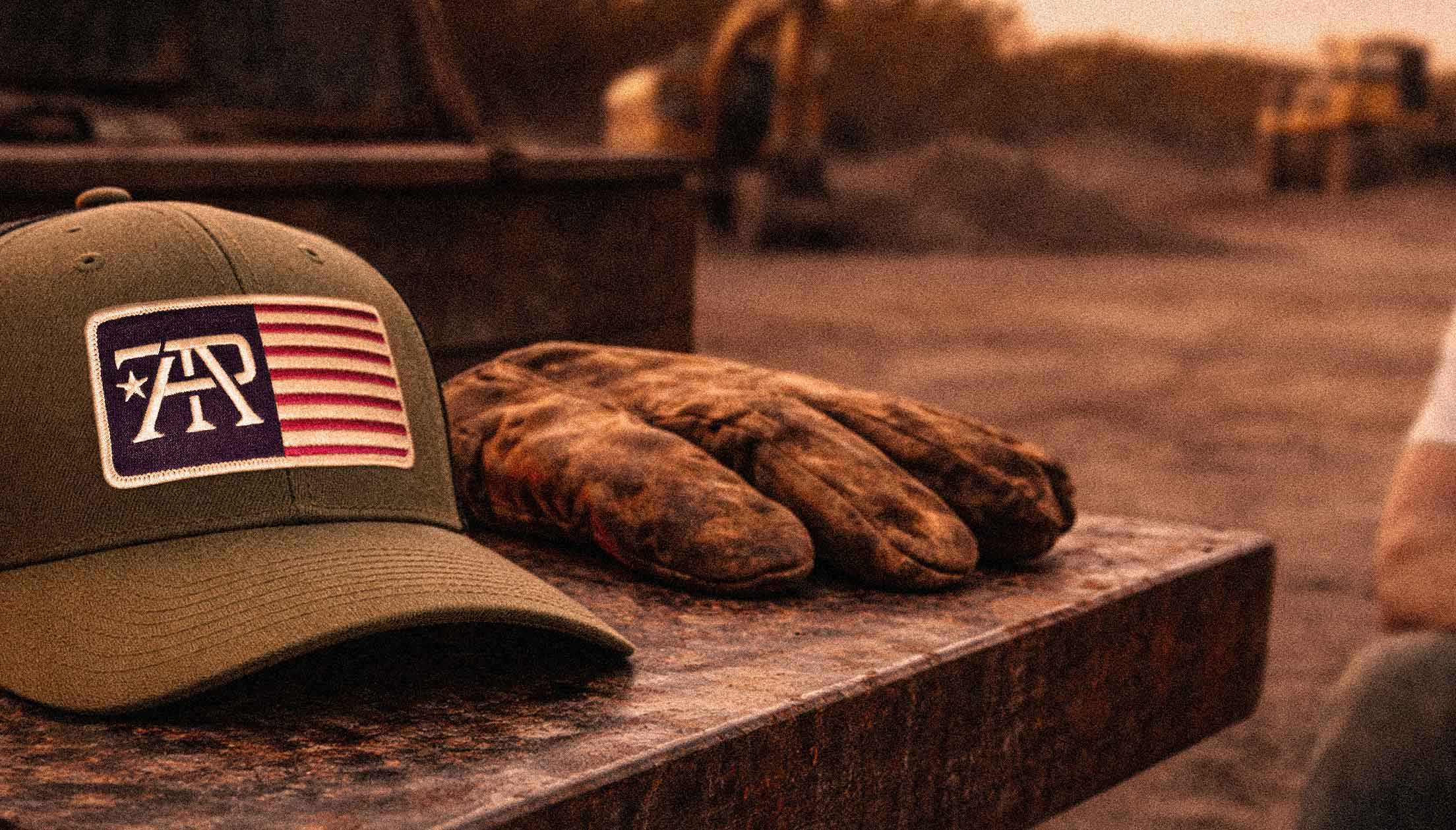 American made patriotic apparel lifestyle image with flag patch hat and blue collar work scene