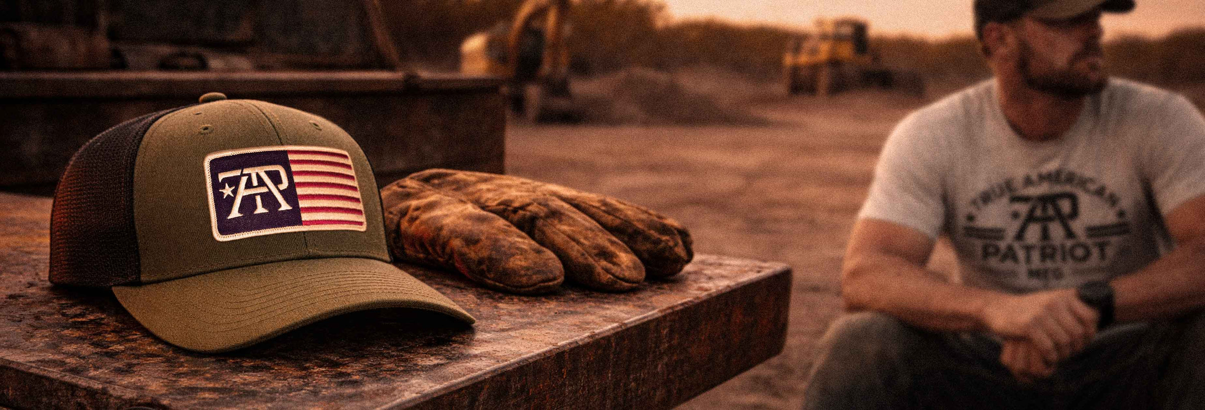 American made patriotic apparel lifestyle image with flag patch hat and blue collar work scene