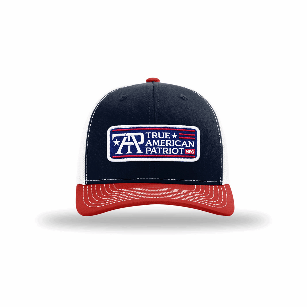 True American Patriot RWB Logo Patch sewn on Richardson 112 Navy-White-Red Cap