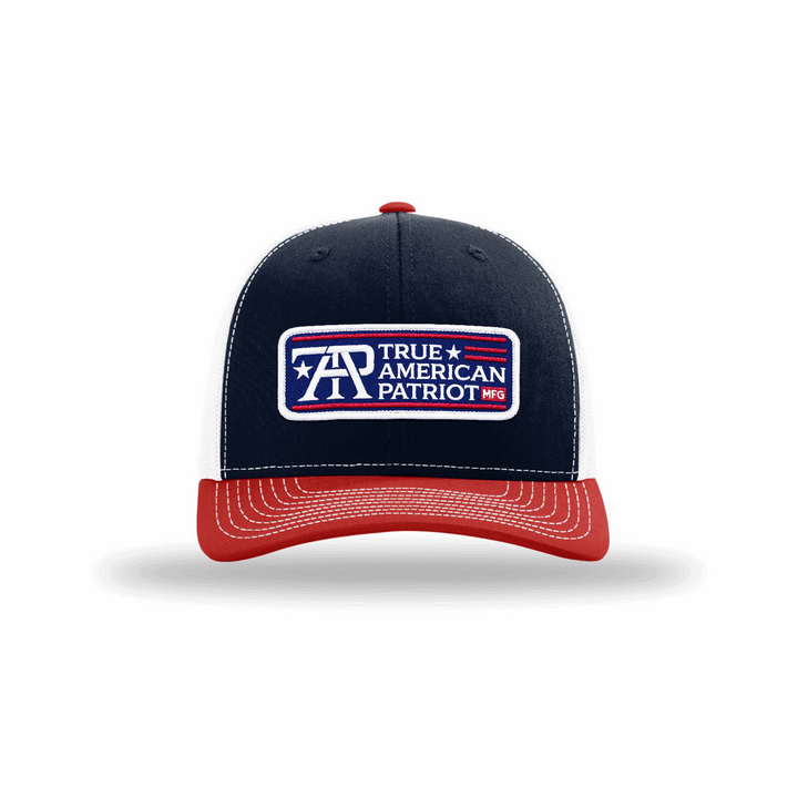 True American Patriot RWB Logo Patch sewn on Richardson 112 Navy-White-Red Cap