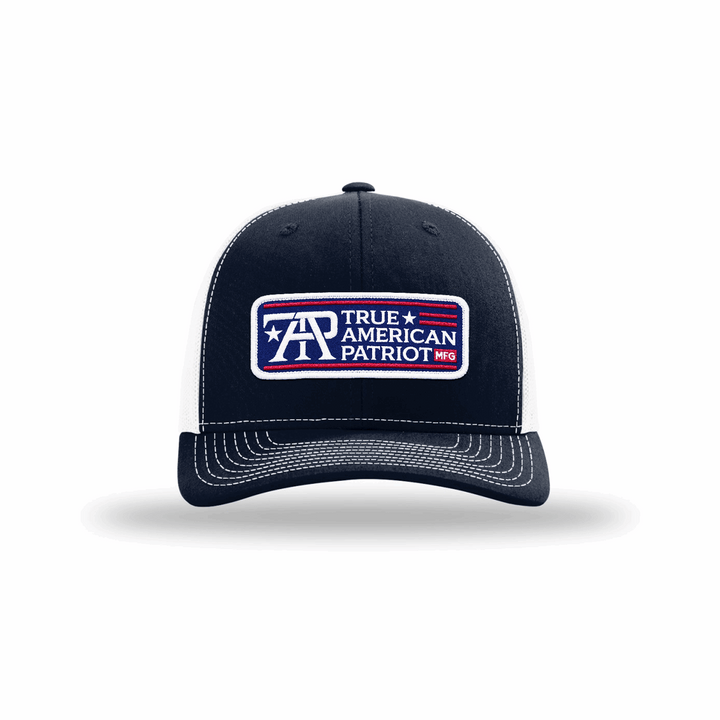 True American Patriot RWB Logo Patch sewn on Richardson 112 Navy-White Hat