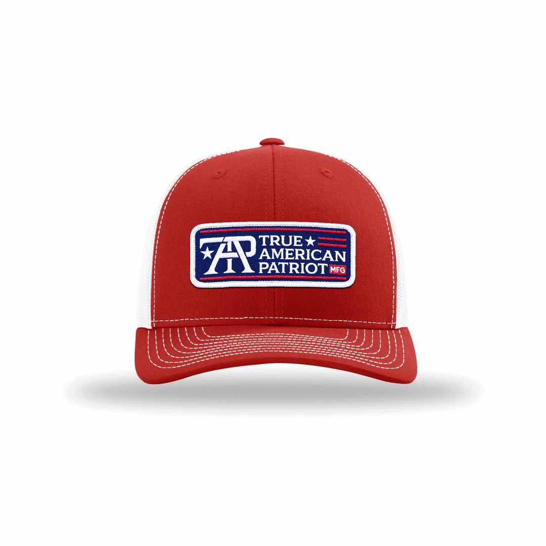 True American Patriot RWB Logo Patch sewn on Richardson 112 Red-White Hat