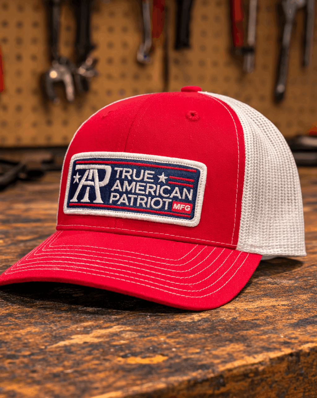 True American Patriot RWB Logo Patch sewn on Richardson 112 Red-White