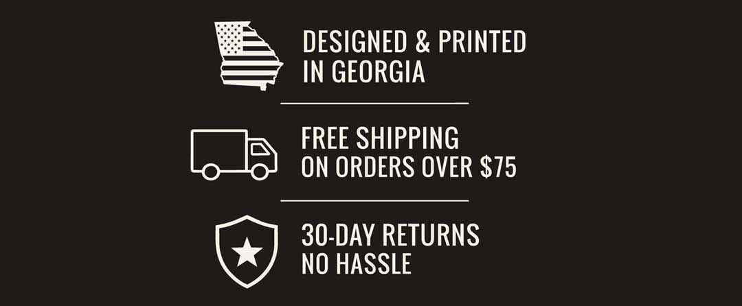 Trust badges highlighting Designed & Printed in Georgia, Free Shipping on Orders Over $75, and 30-Day Returns for True American Patriot MFG.